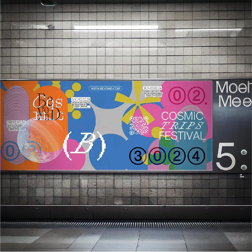 colorful scifi street banner design for cosmic trip festival